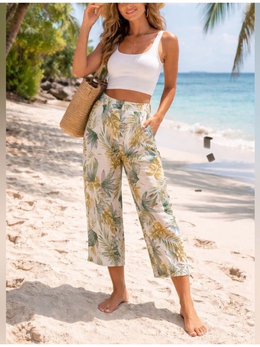 Sigrid Olsen White Linen-Blend Tropical Leaf Cropped Pants